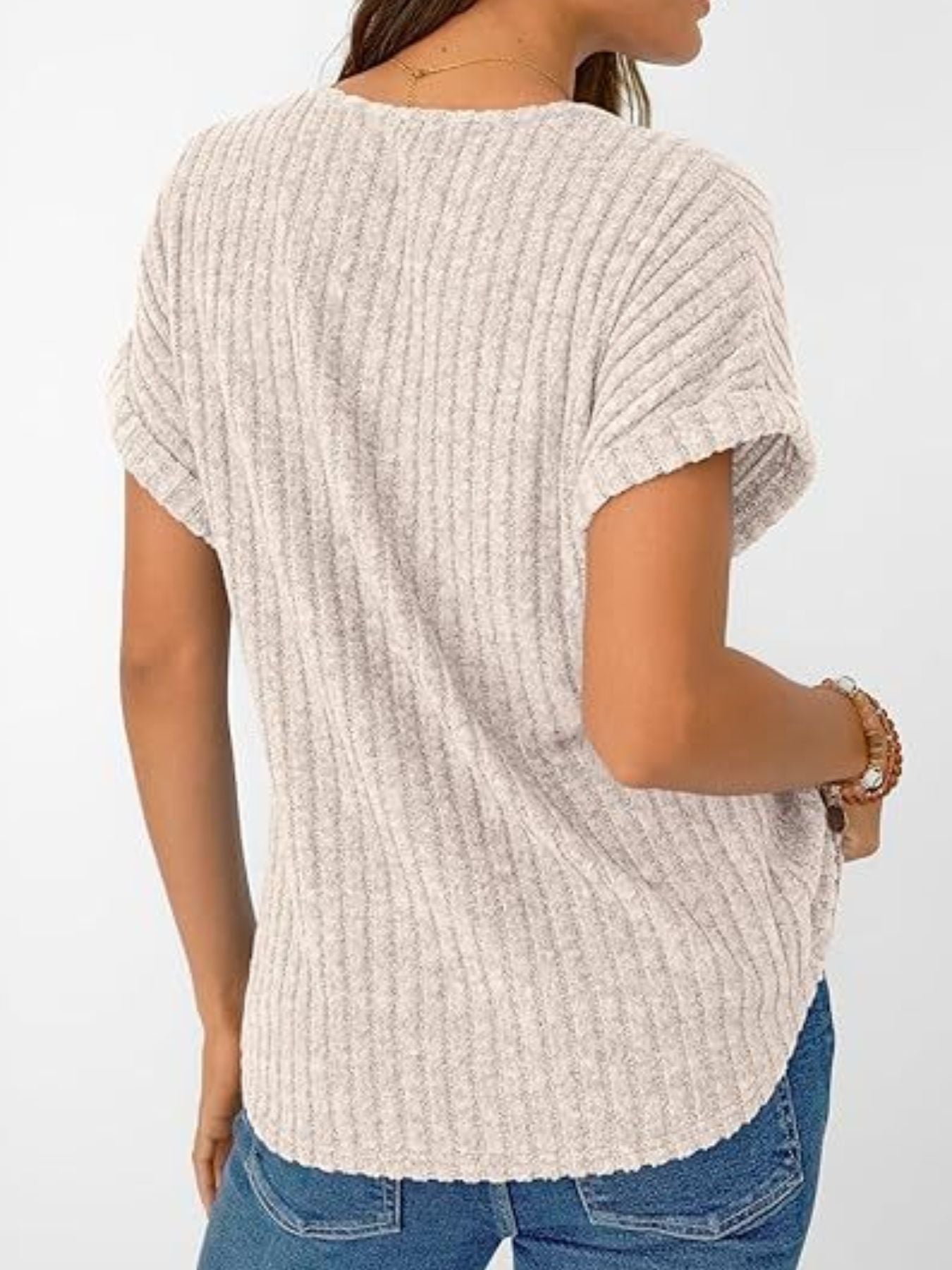 Ribbed Knit V-Neck Relaxed Fit T-Shirt