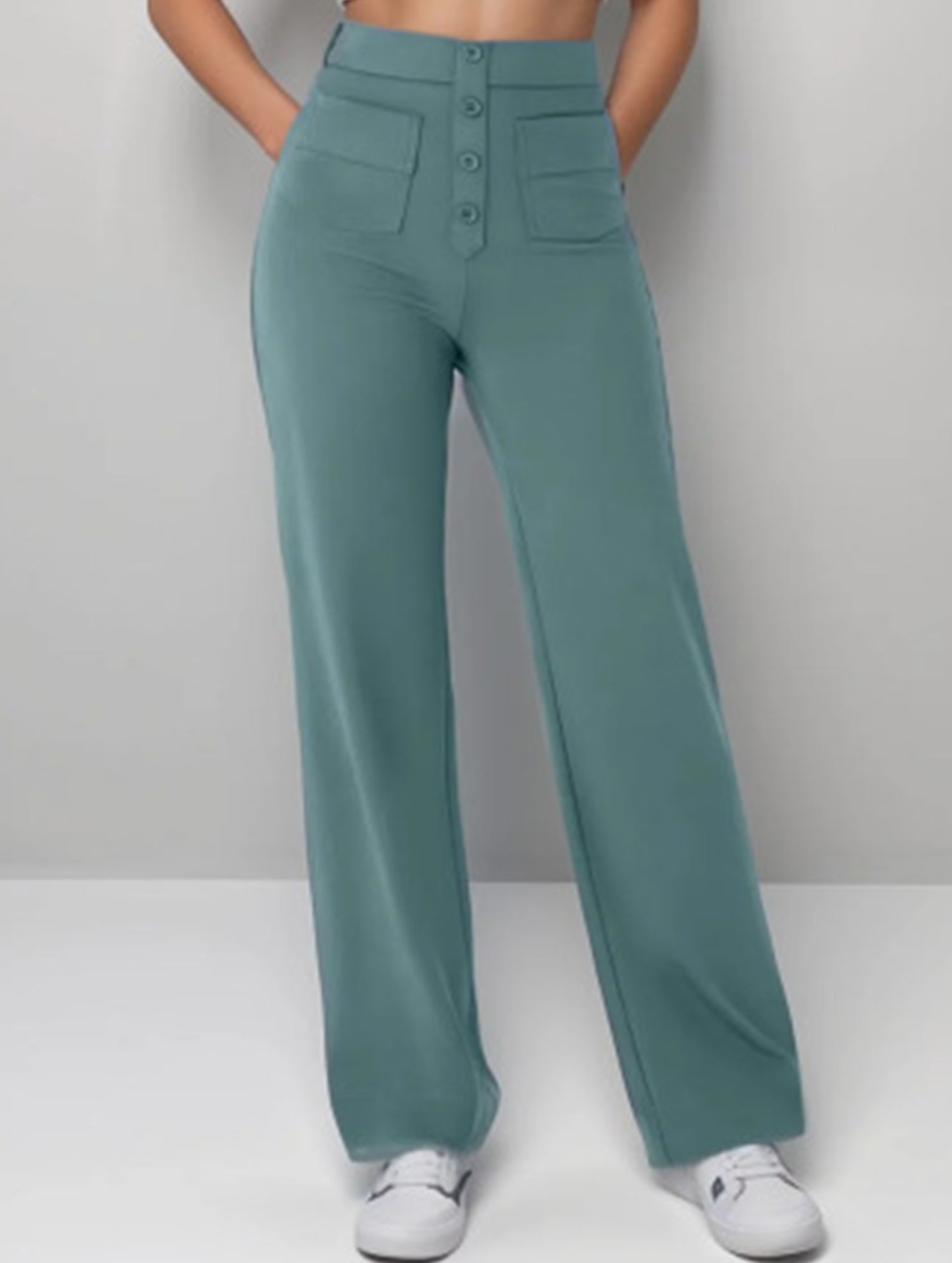High-waisted buttoned casual straight-leg pants