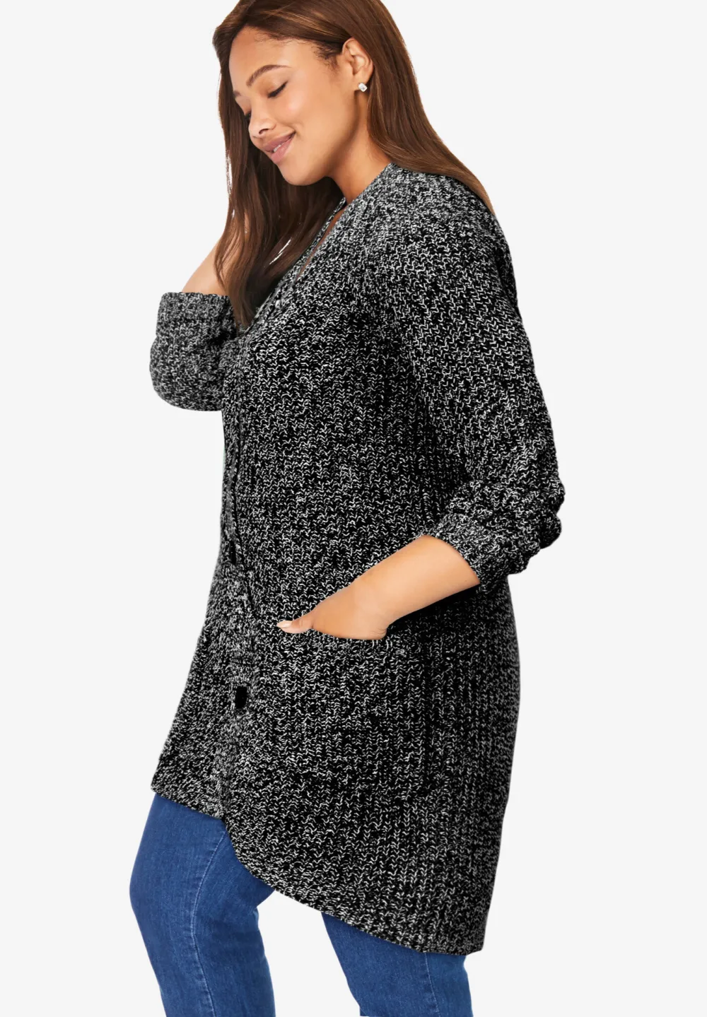 Button-Front Shaker Cardigan