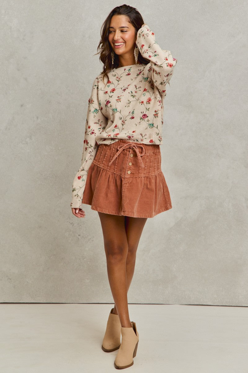 Mineral Wash Pintucked Corduroy Mini Flared Skirt