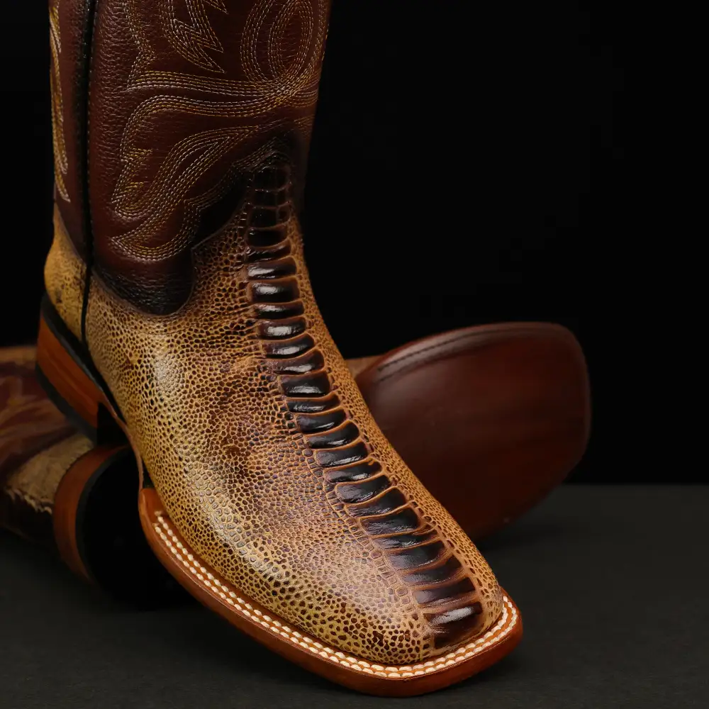 Honey Ostrich Leg Leather Boots - Square Toe