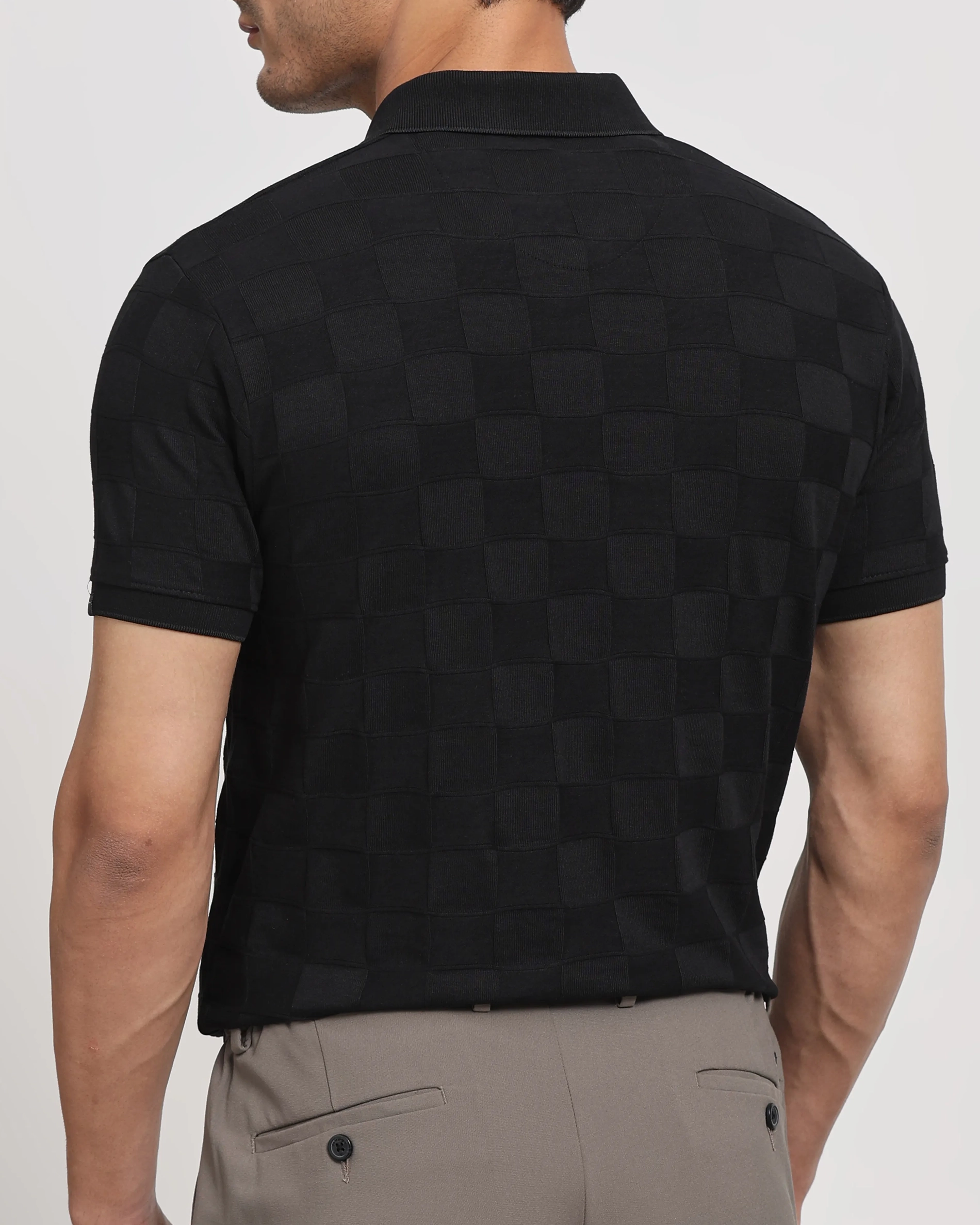 Casual Minimalist Black Plaid Texture Polo Shirt
