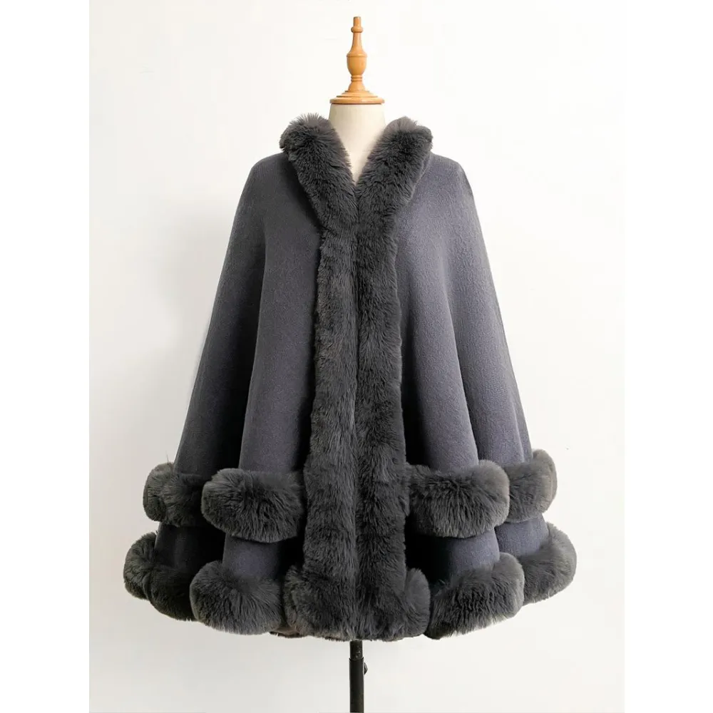 Luxury Faux Fur Hooded Cape Shawl