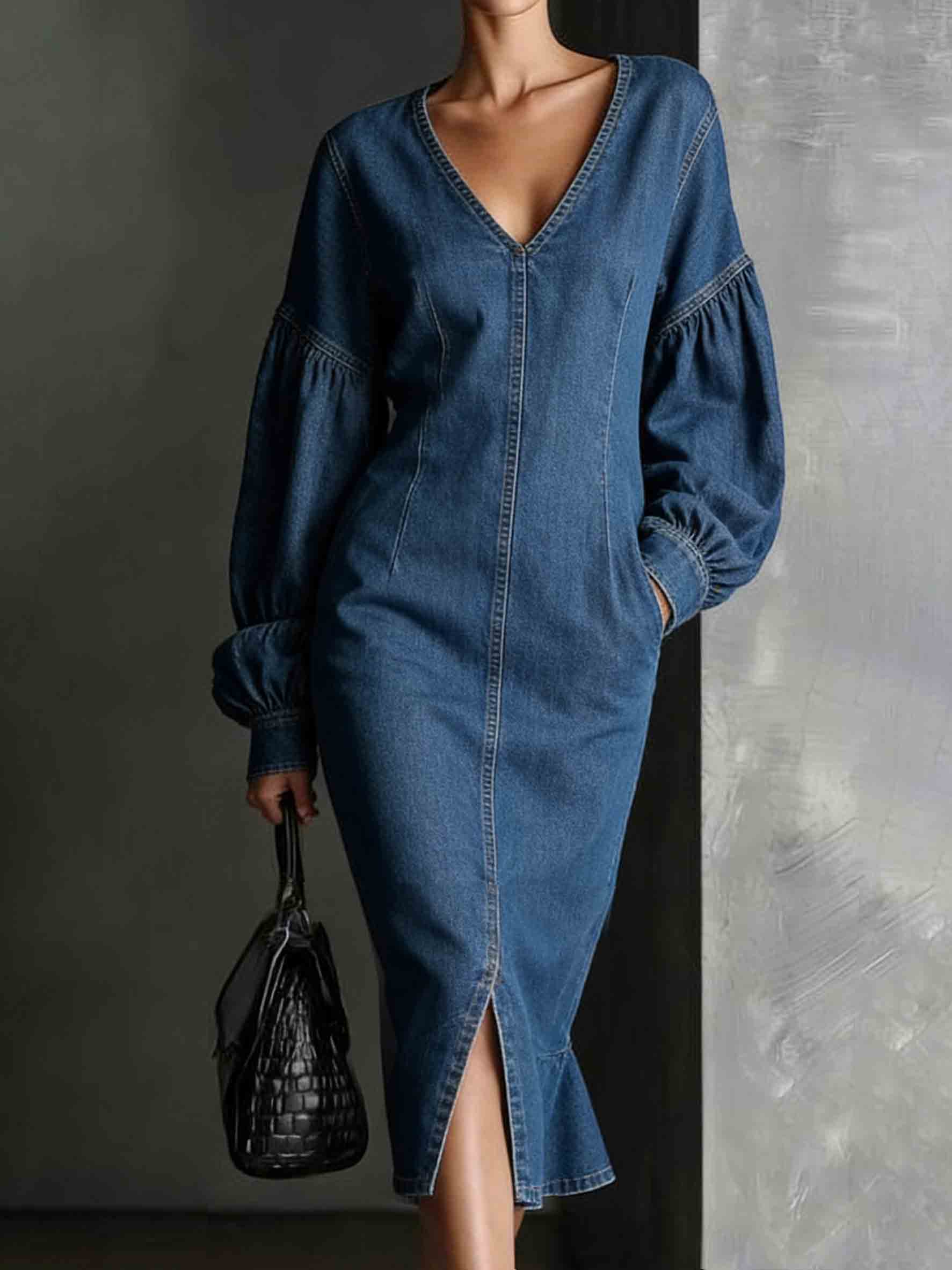 Women's Denim Puff-sleeved Midi Dress