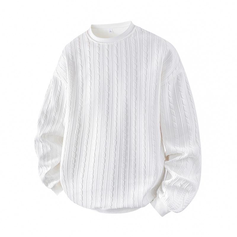 Men’s Cable Knit Crewneck Long Sleeve T-Shirt, Loose Fit, Solid Color, S–5XL