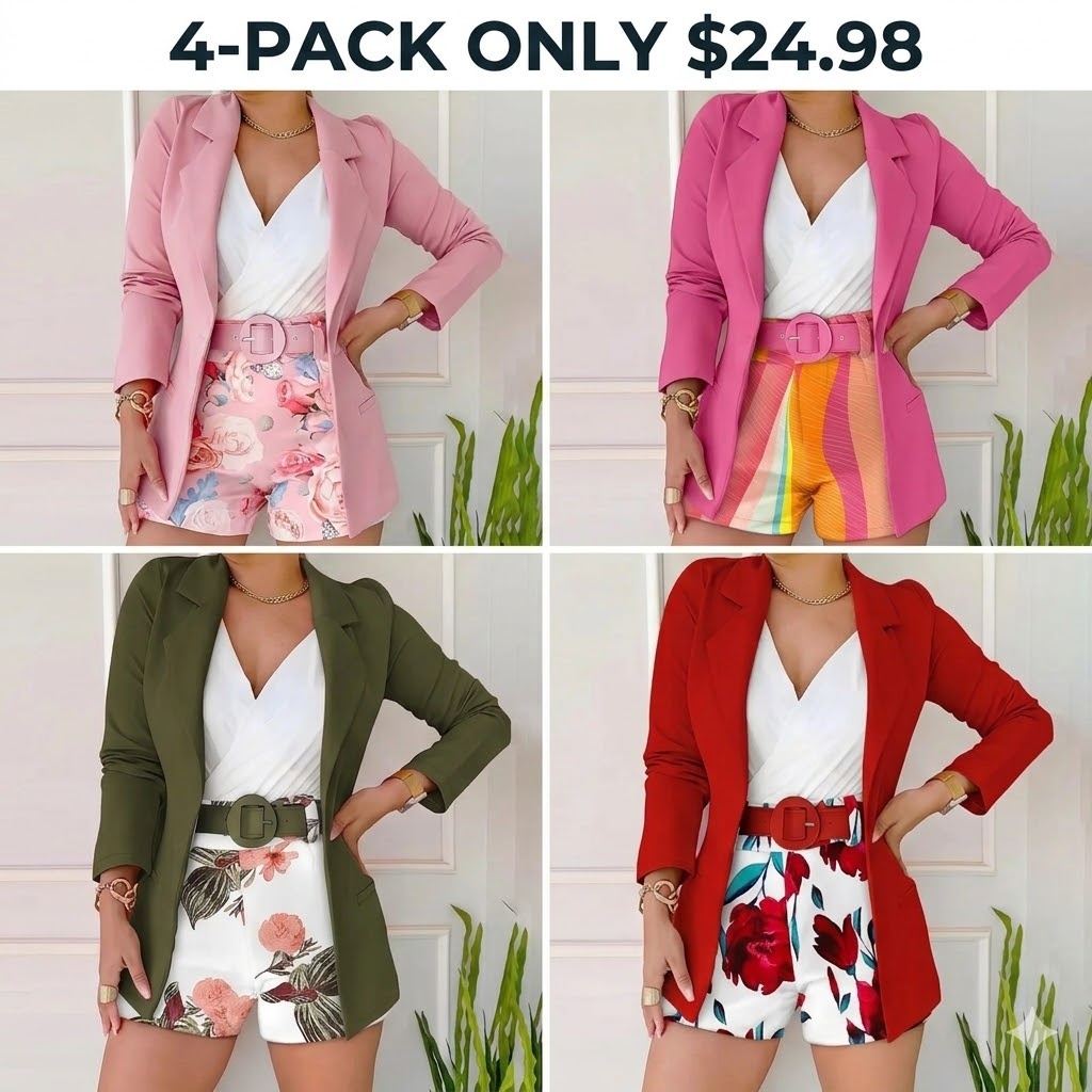 2026 Women's Long Sleeve Blazer & Floral Print Shorts Wedding Guest Set With Belt Wedding
