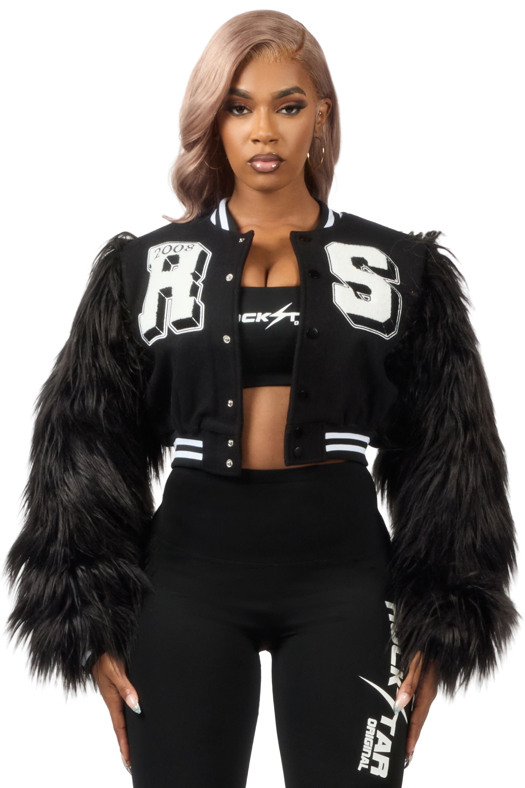Jameicia Black Fur Sleeve Varsity Jacket