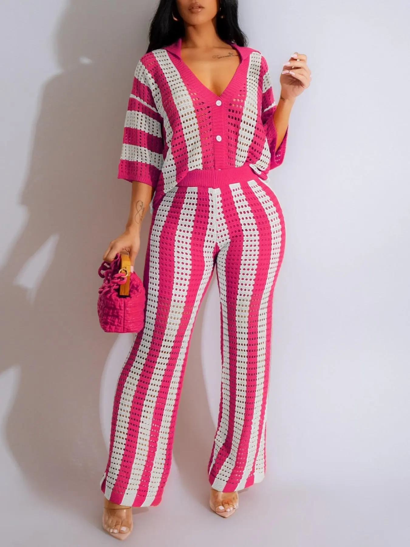 Two-Piece Set Women's Colorblock Striped Print Hollow Out Button Front Top & Wide Leg Pants