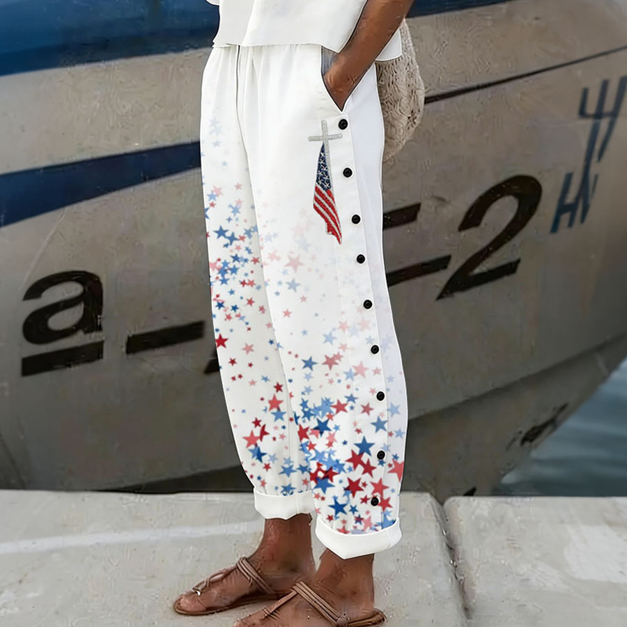 Women'S Casual American Independence Day 250Th Anniversary Printed Casual Button Design Pants