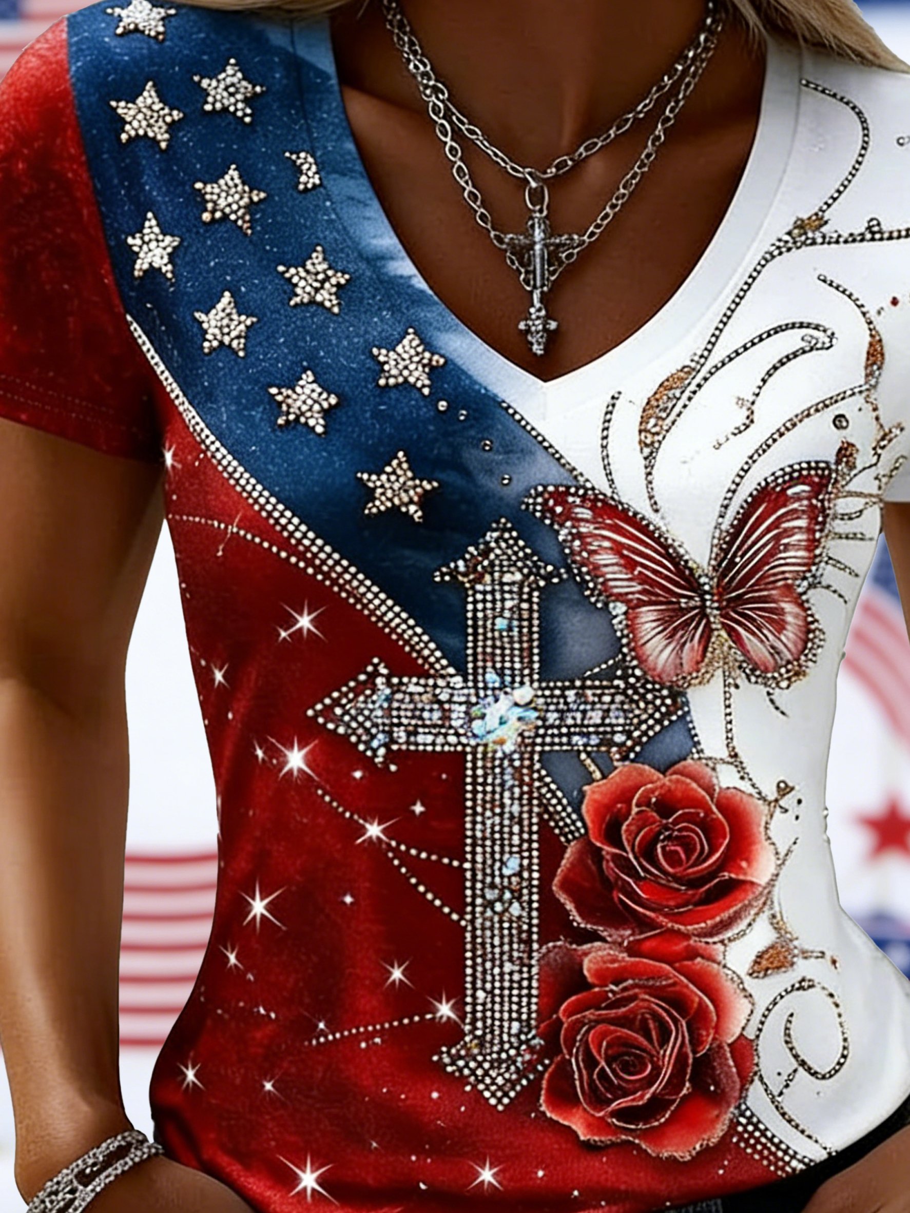 Vintage 3D Printing America Flag Floral Short Sleeve V Neck Casual T-Shirt