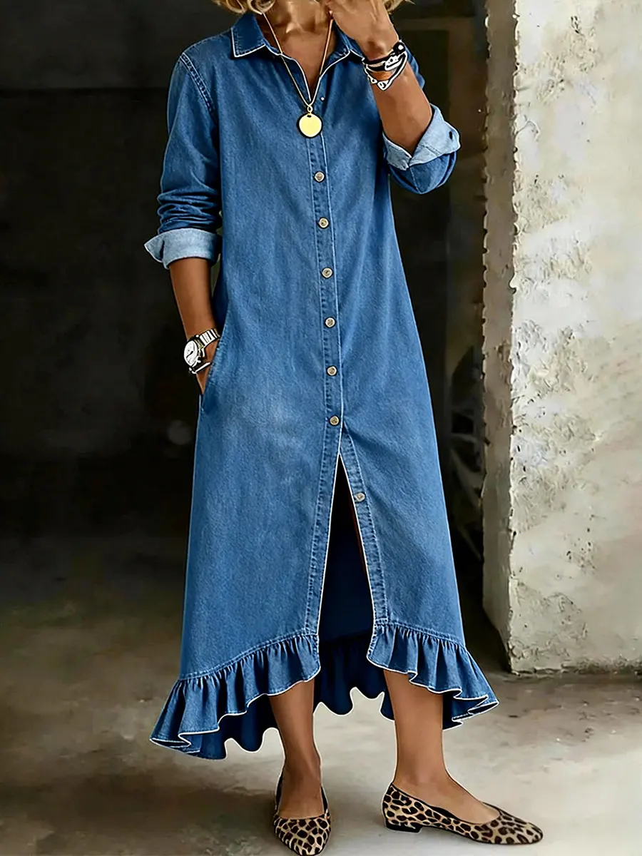 Women's Casual Collared Button-down Lace Long Denim Skirt