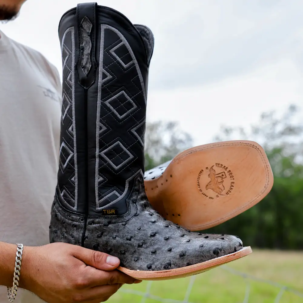 Grey Ostrich Leather Boots - Square Toe
