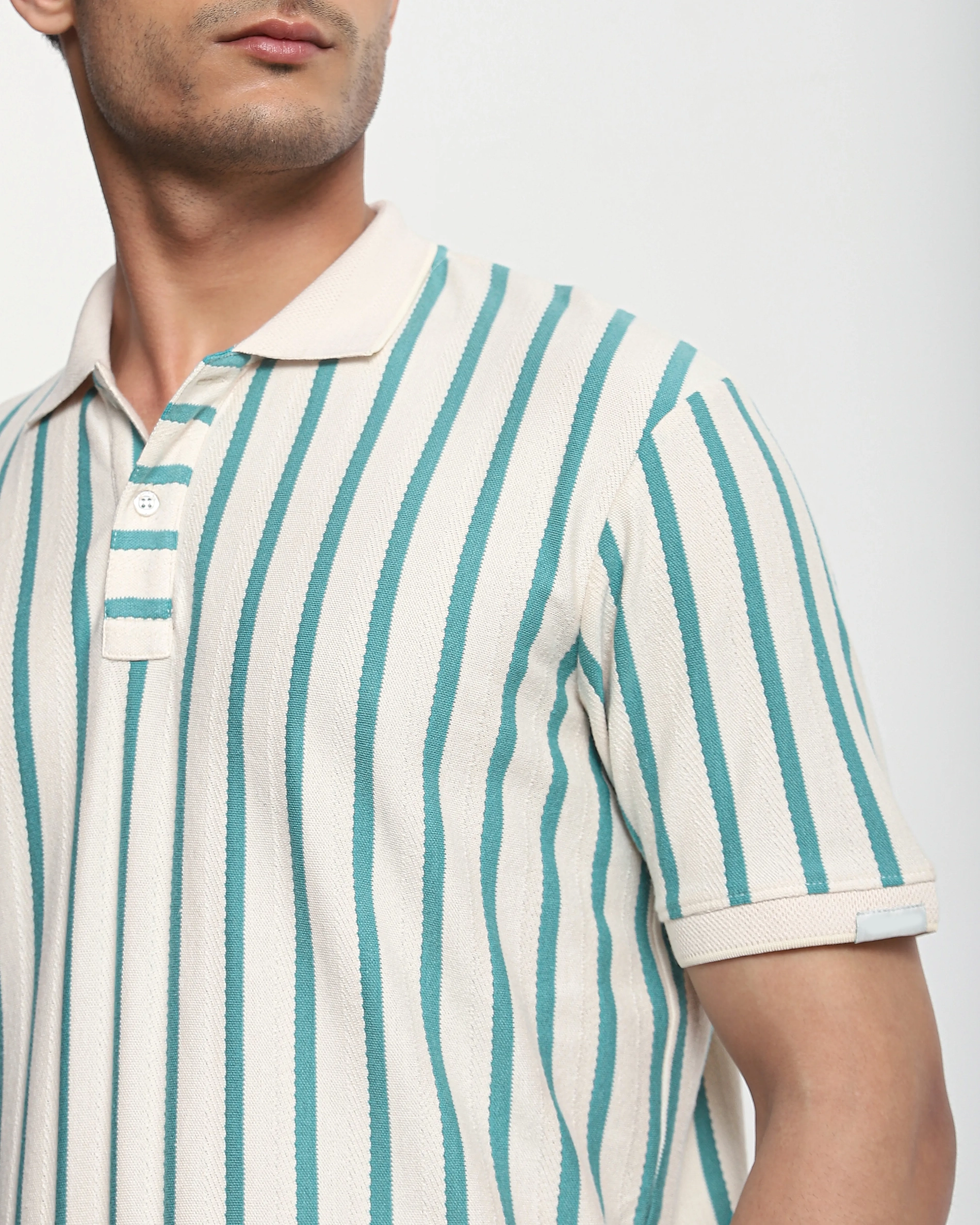 Daily Simple Teal Striped Textured Polo Shirt