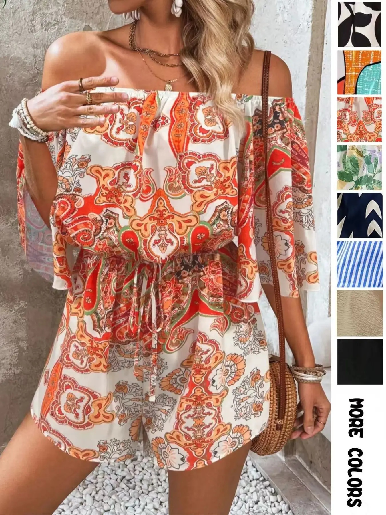 Women's Leaf Print Off Shoulder Tie Front Romper