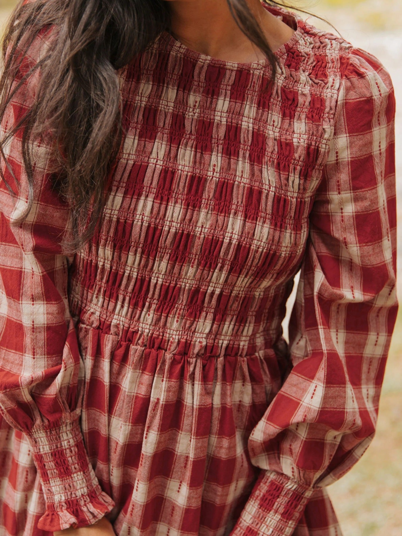 Plaid Print Smocked Puff Sleeve Mini Dress