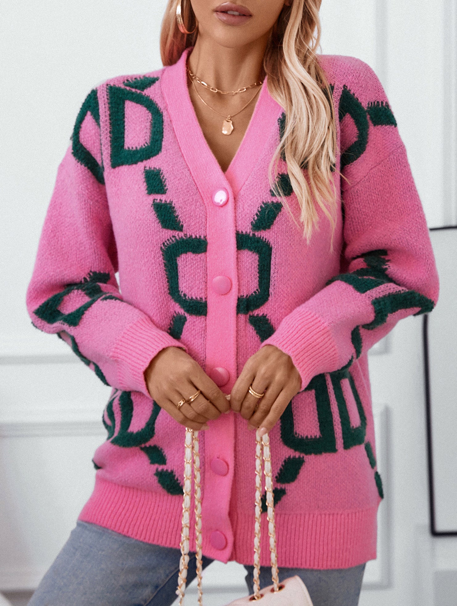 Letter Embroidered Button Knit Long Cardigan