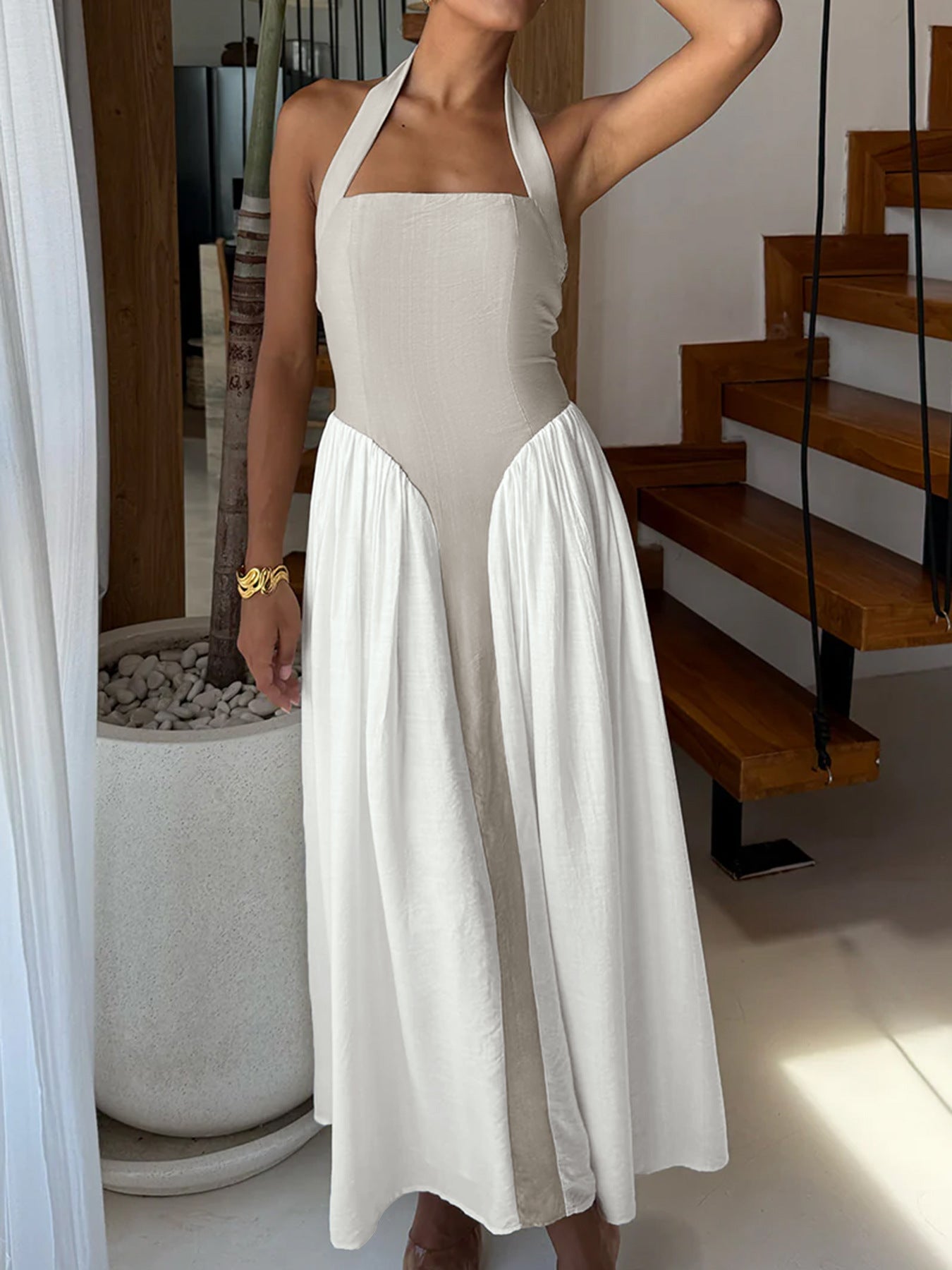 Halter Neck Two-Tone Maxi Dress