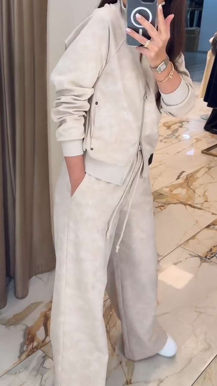 Women Lapel Zipper Top + Drawstring Pants Casual Set