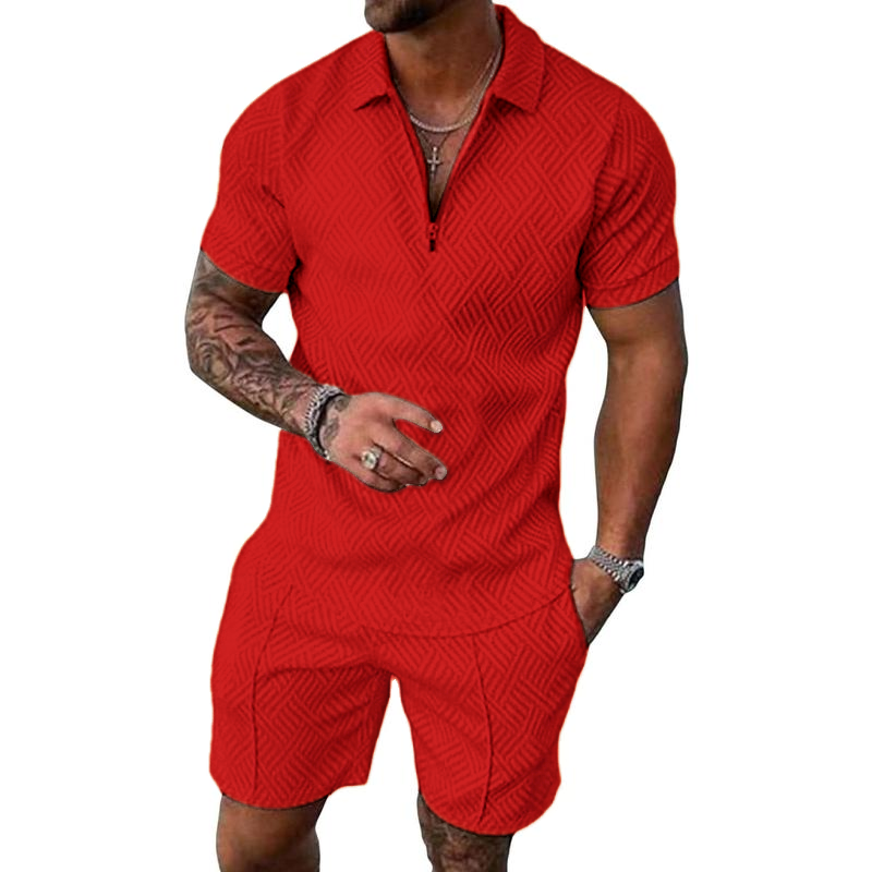 Men’s Textured Polo & Shorts 2-Piece Summer Set