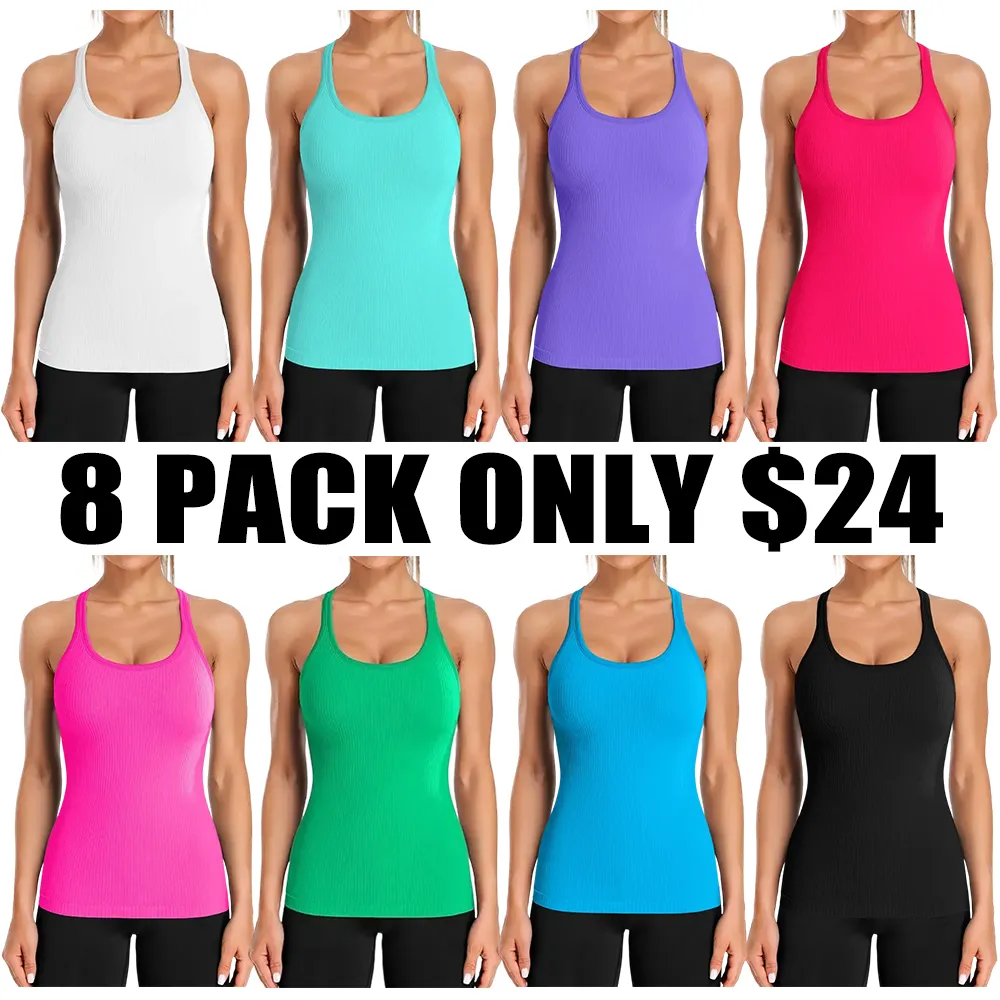 🔥Ribbed Workout Tank Tops for Women with Built in Bra Tight Racerback Scoop Neck Athletic Top