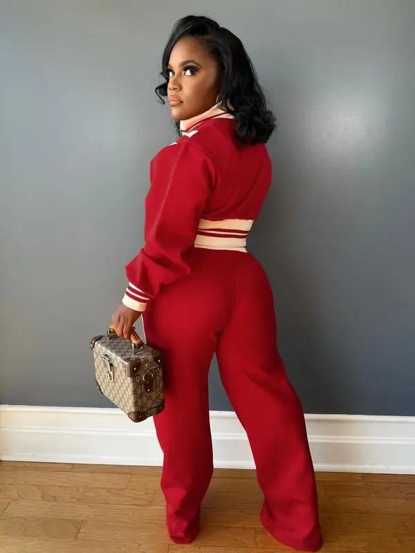 Women's Colorblock Print Zip Up Long Sleeve Crop Jacket & Pants Two-piece Set