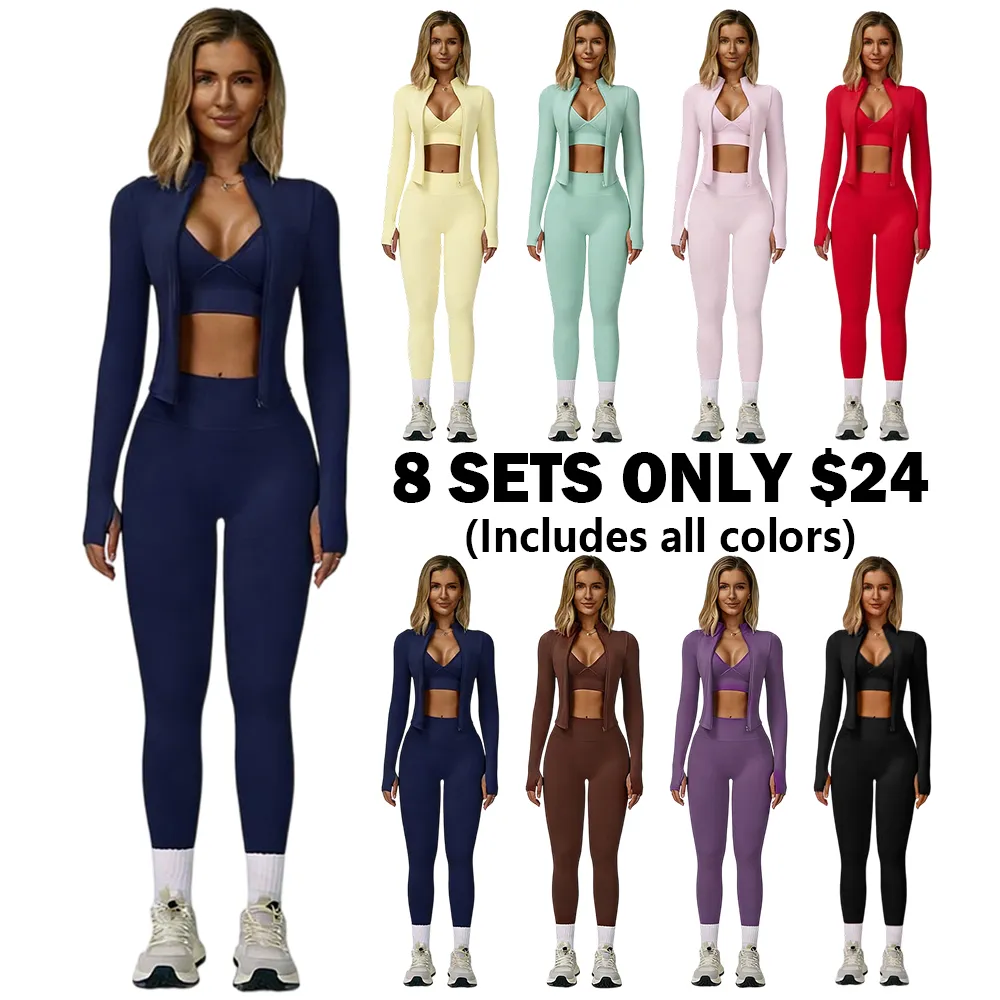 Women's 3-piece set - vest + high-waisted sweatpants + zippered short jacket