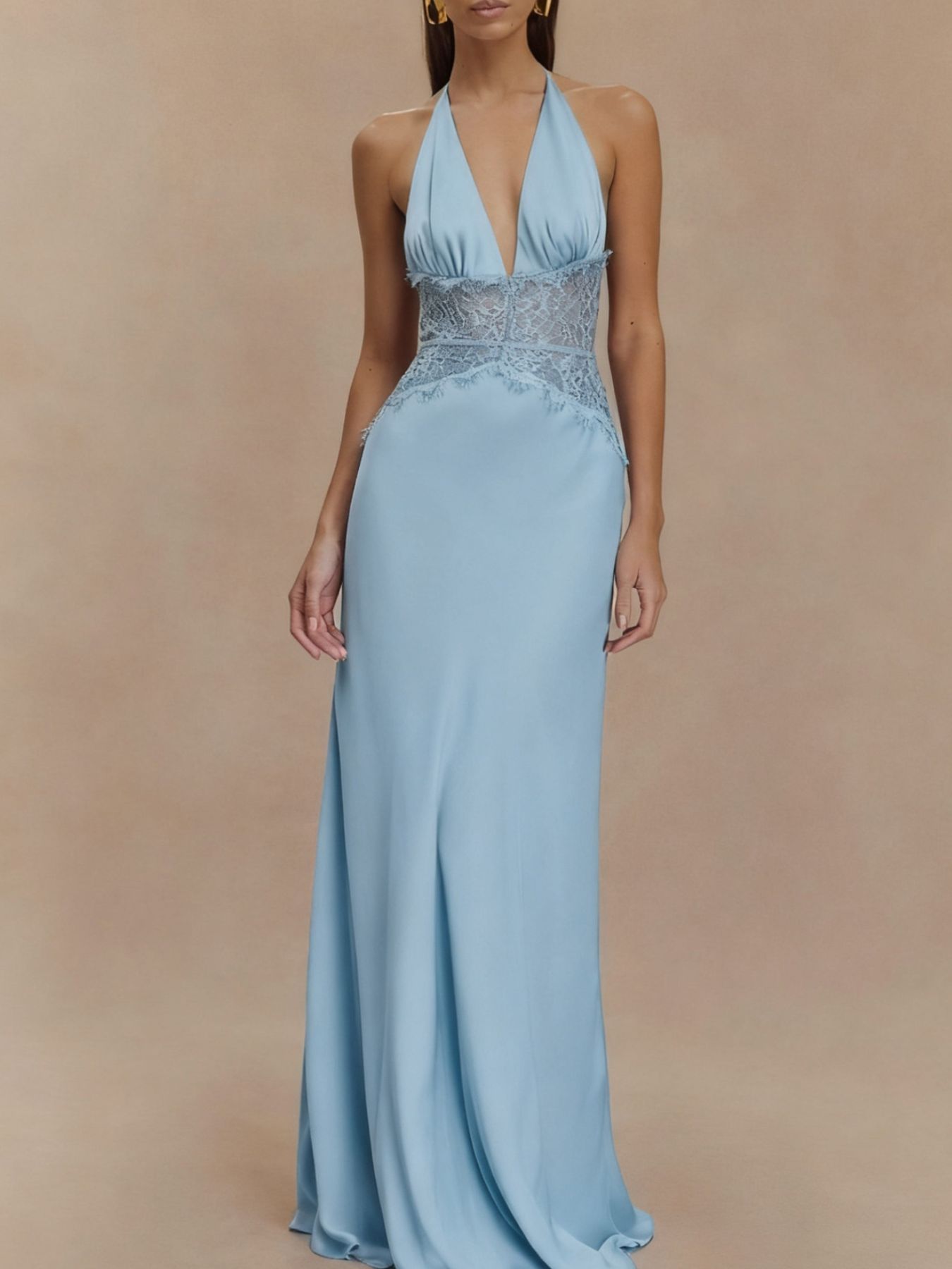 Halter Neck Lace Trimmed Maxi Dress