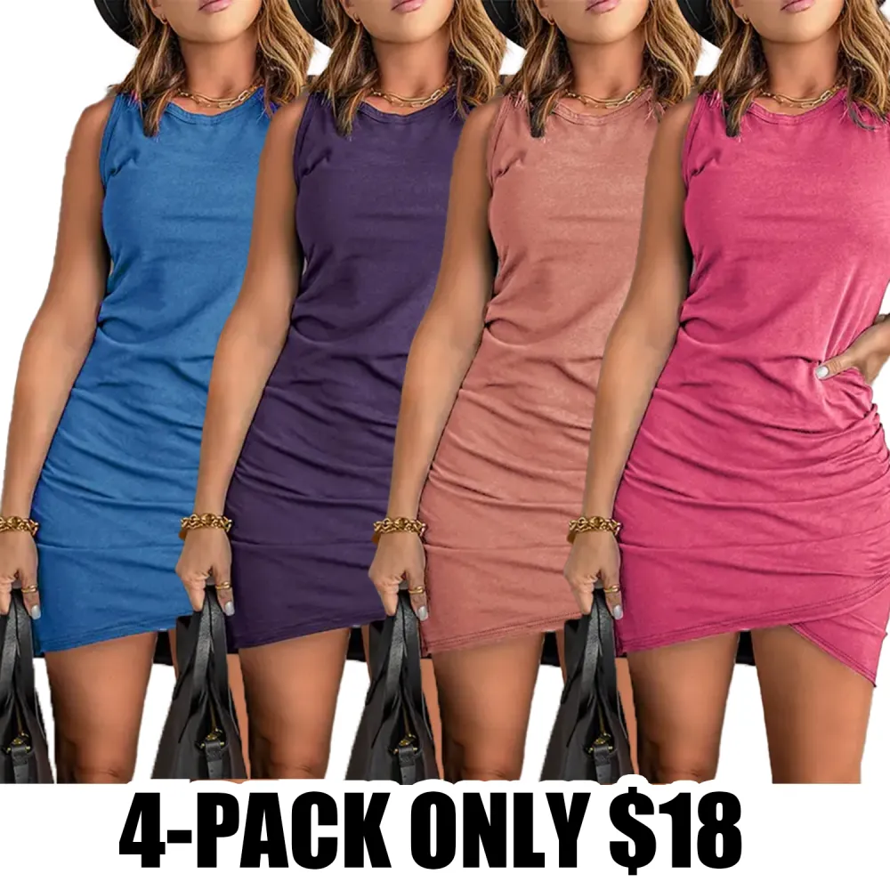 Women's Ruched Wrap Tank Sundress – Sleeveless Bodycon Summer Dress with Elastic Fit for Daily Casual Wear