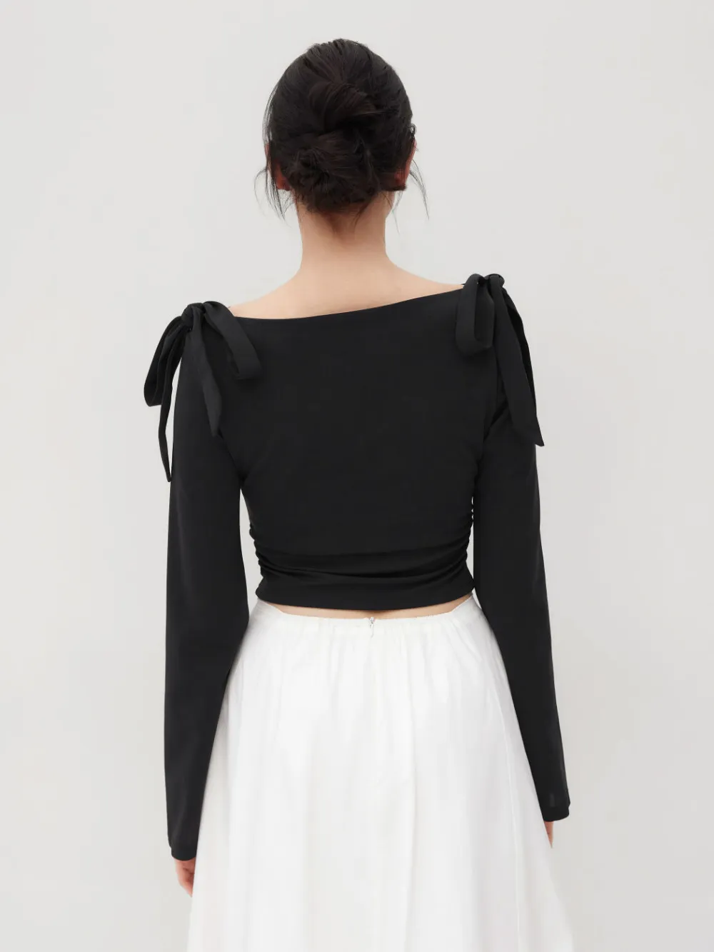 Boat Neck Gingham Bowknot Ruched Long Sleeve Top