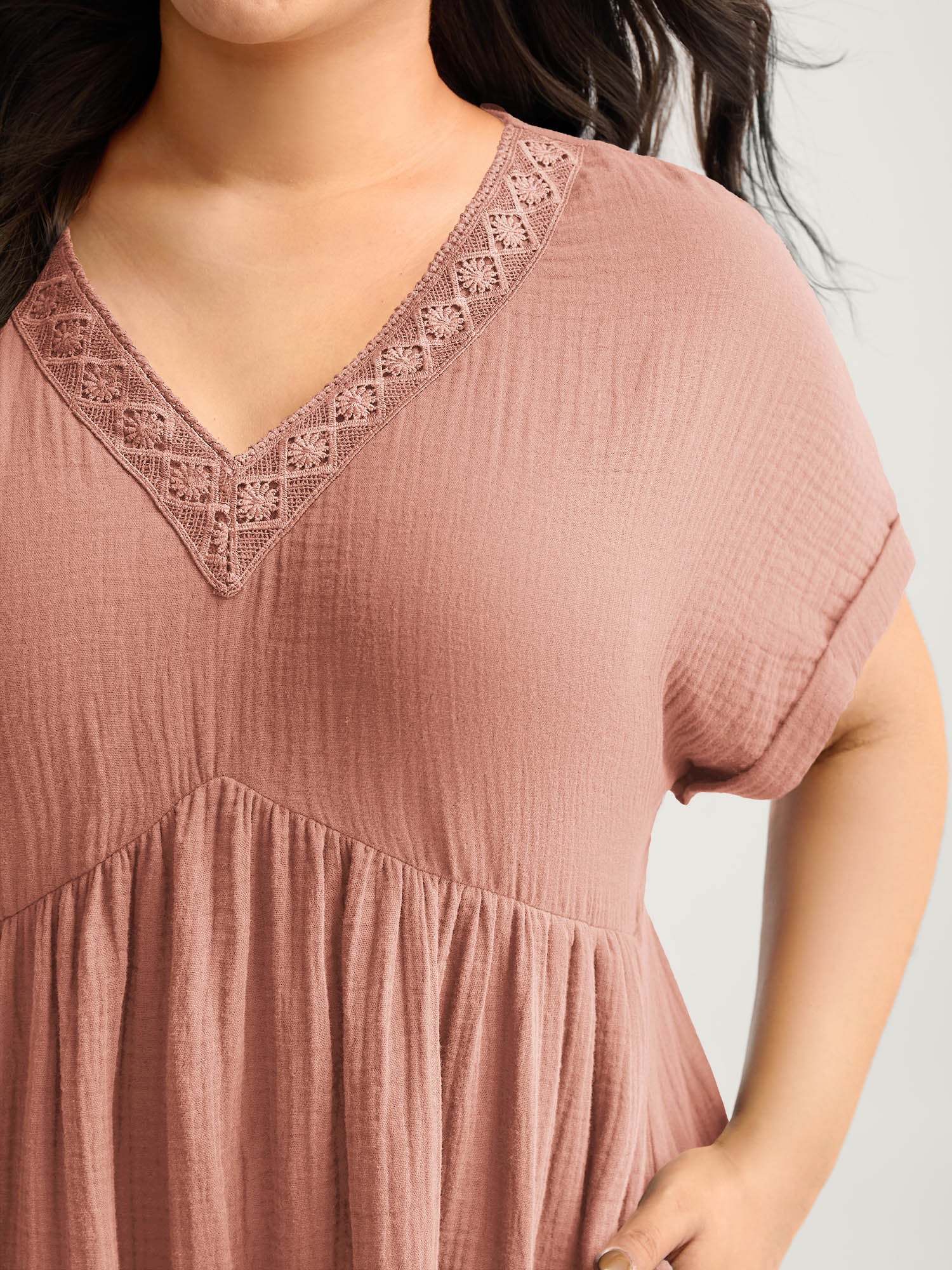 Pure Cotton Lace V-Neck Solid Mini Dress