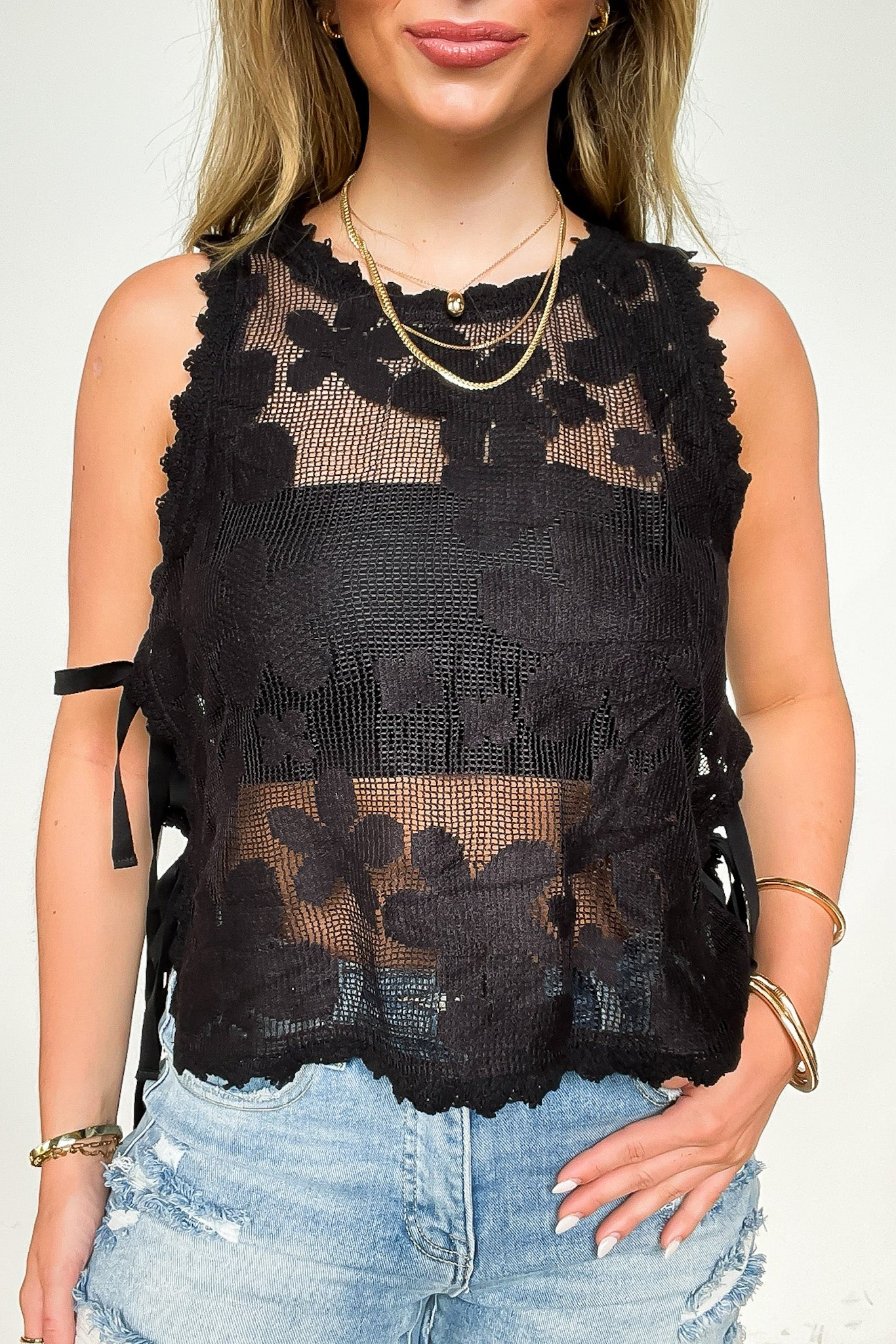 Floral Crochet Side Tie Tank Top