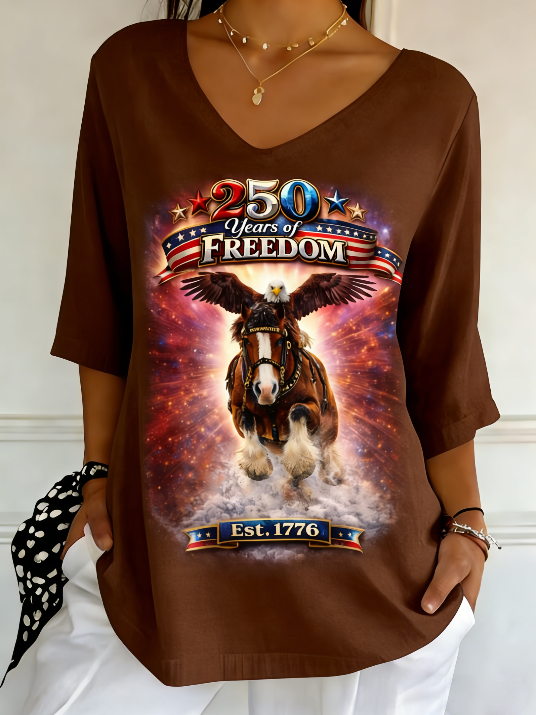 250 Years Of Freedom Patriotic Bald Eagle Clydesdale Horse 1776 Graphic V-Neck Top