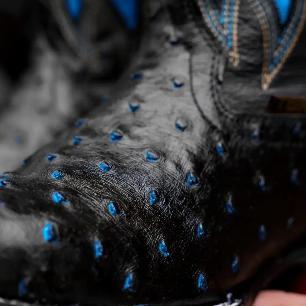 Black/Blue Ostrich Leather Boots - Square Toe