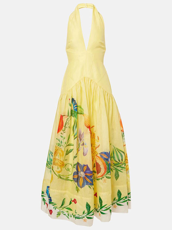 Flower Printed Sleeveless Halterneck Deep V-Neck Maxi Dresses