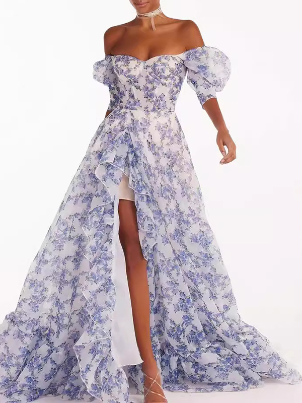 Flower Printed Puffled Short Sleeves Split-Side One-Shoulder Evening Gauze Maxi Dresses