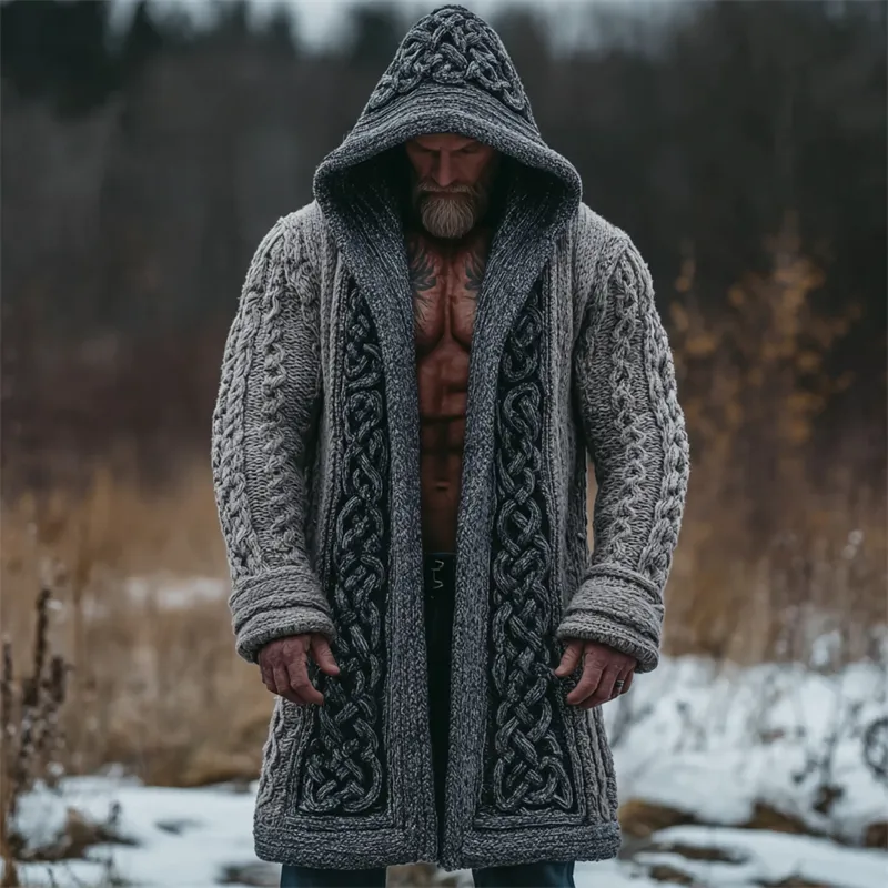 Men's Viking Celtic Knot Contrast Chunky Cozy Hooded Long Cardigan