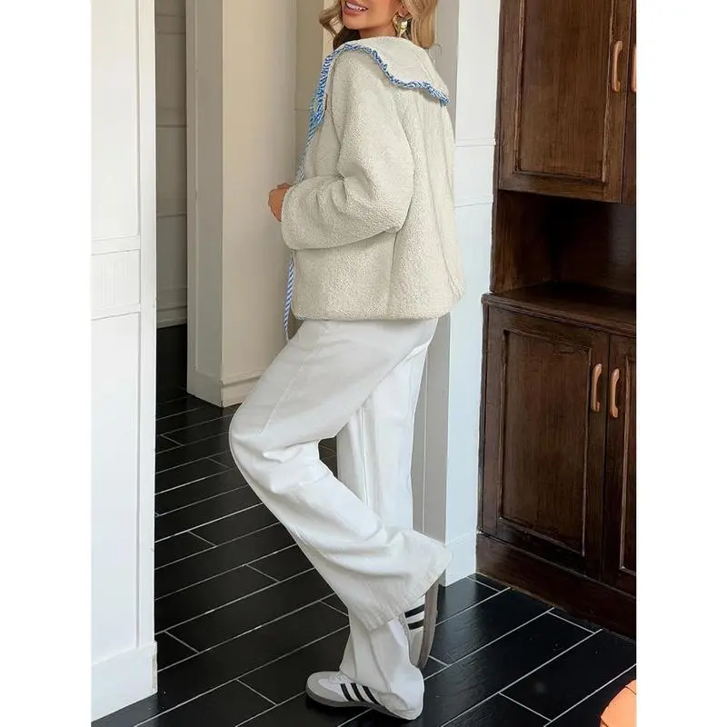 Womens Fuzzy Fleece Jacket Peter Pan Collar Button Down Fall Winter Sherpa Coats