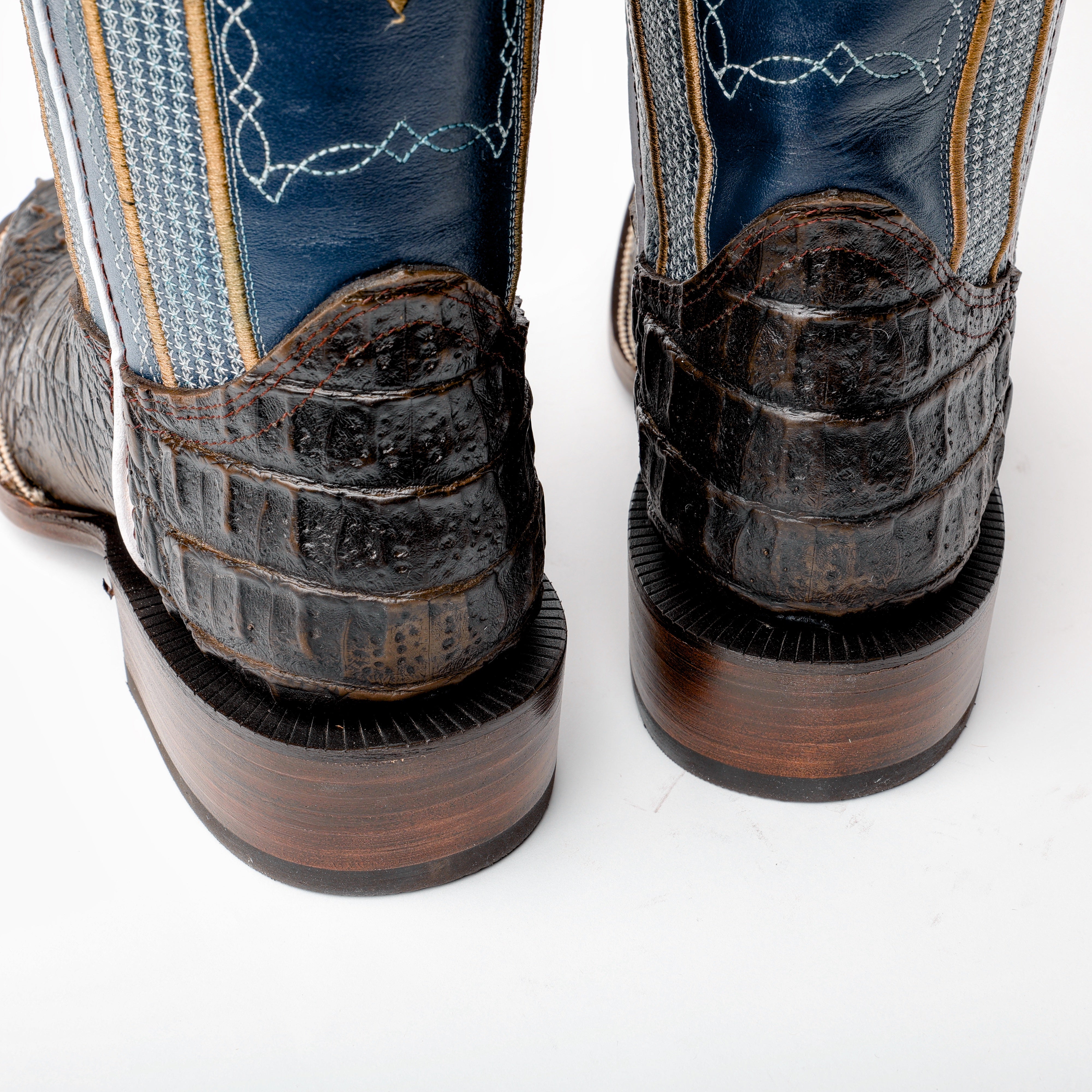 Dark Chocolate Caiman Neck Leather Boots - Square Toe