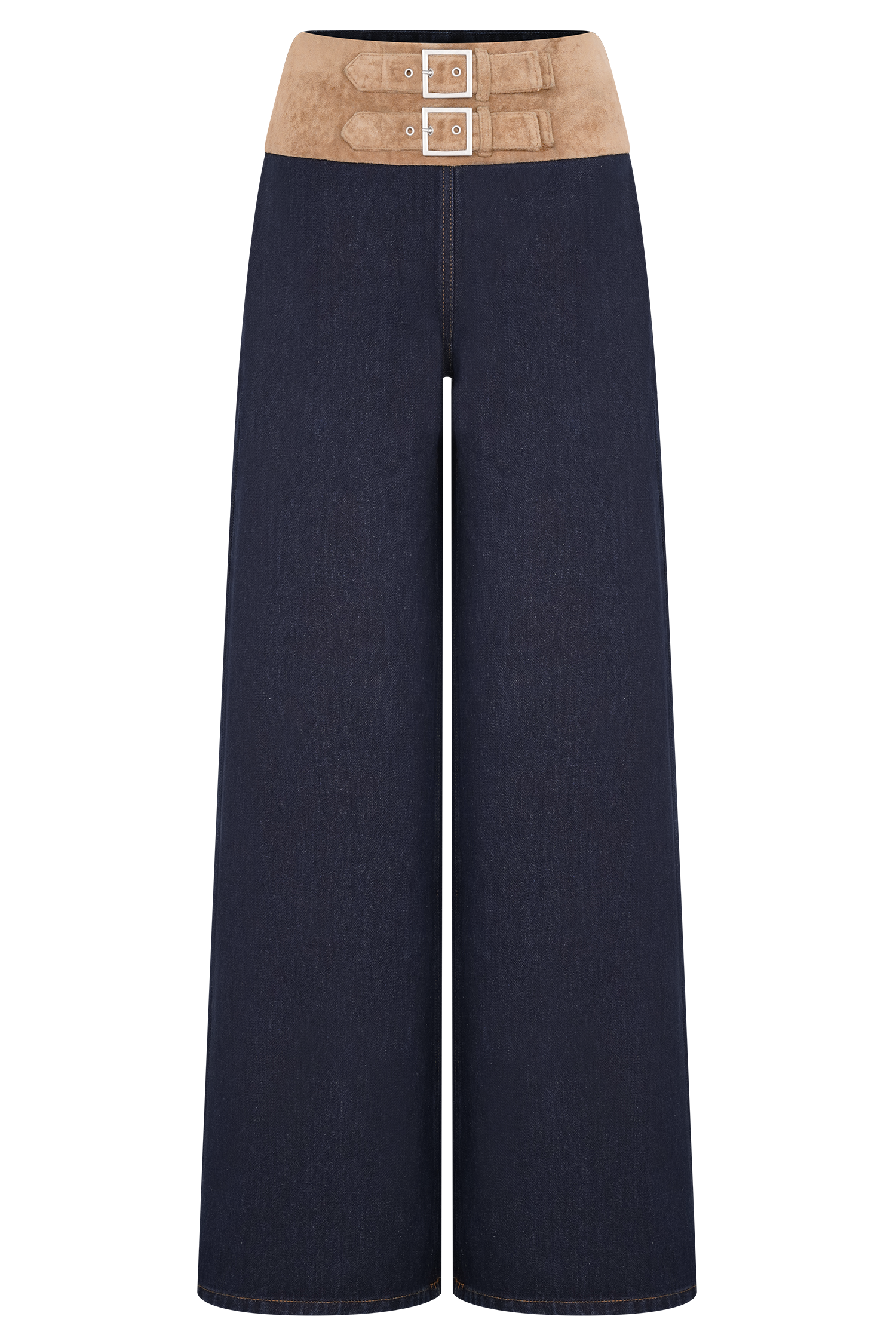 Blue Faux Suede Belted Denim Wide Leg Jeans