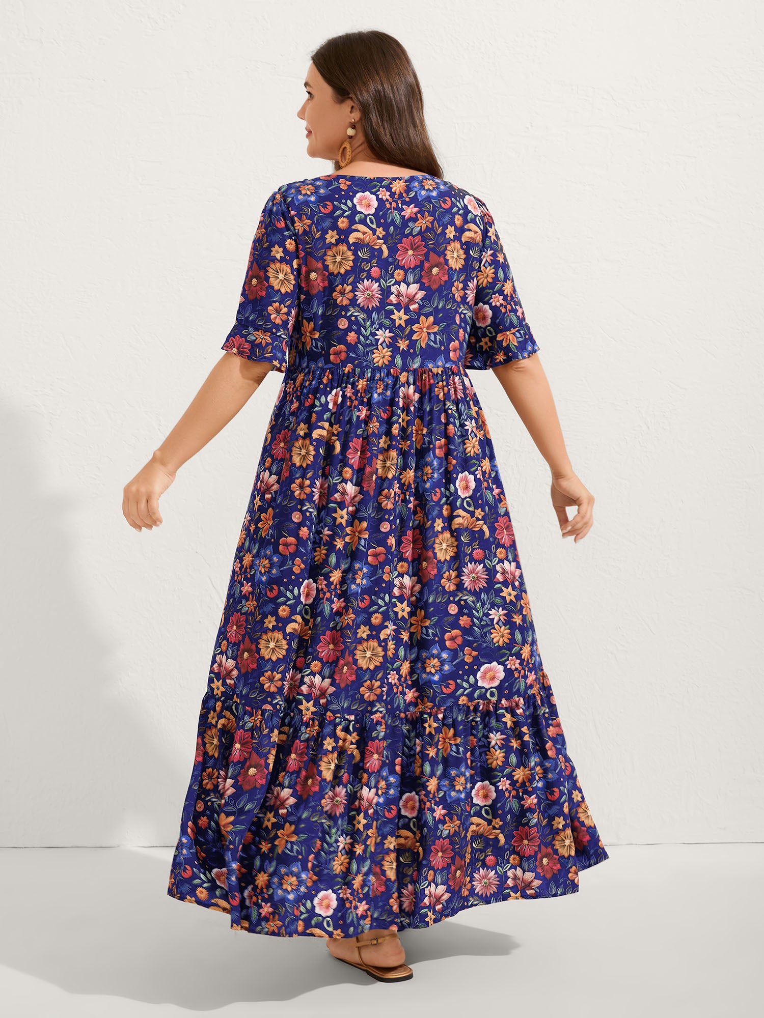Rayon Floral Lace Trim Button Maxi Dress