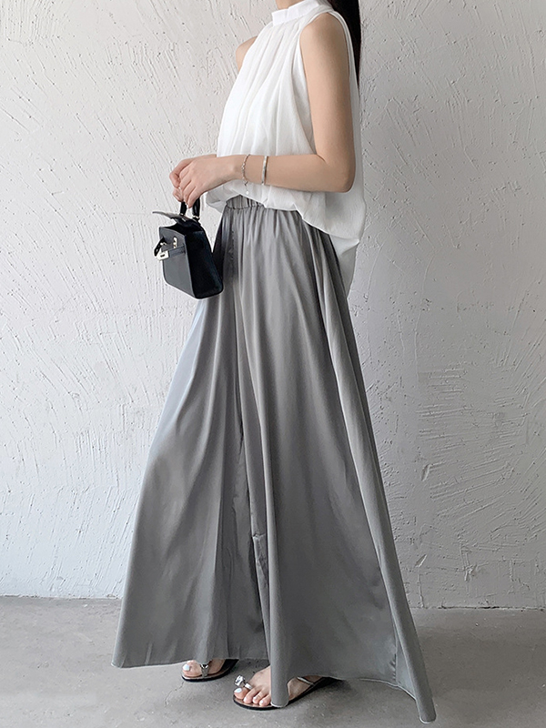 Elasticity Pleated Solid Color High Waisted Loose Pants Culotte