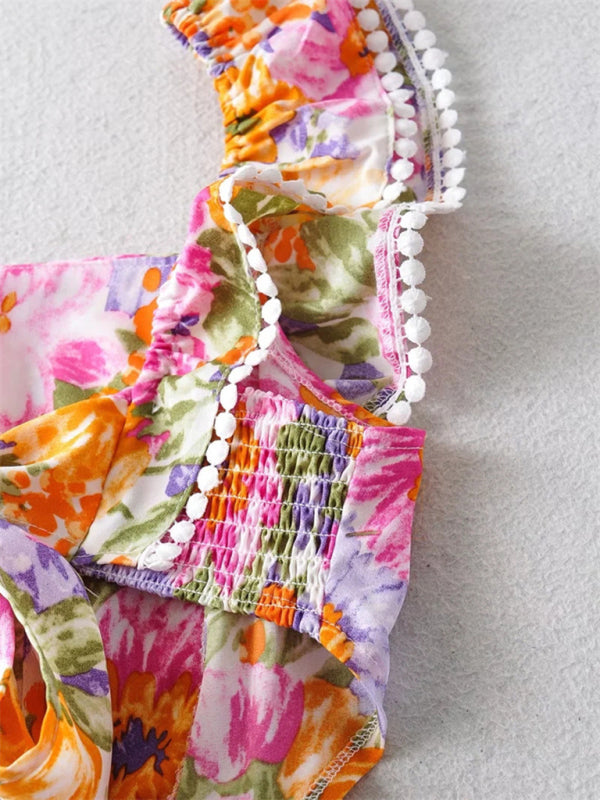 Back Tie Design Backless Dress Fresh And Sweet Short Skirt Popular Ruffled Print A-Line Skirt