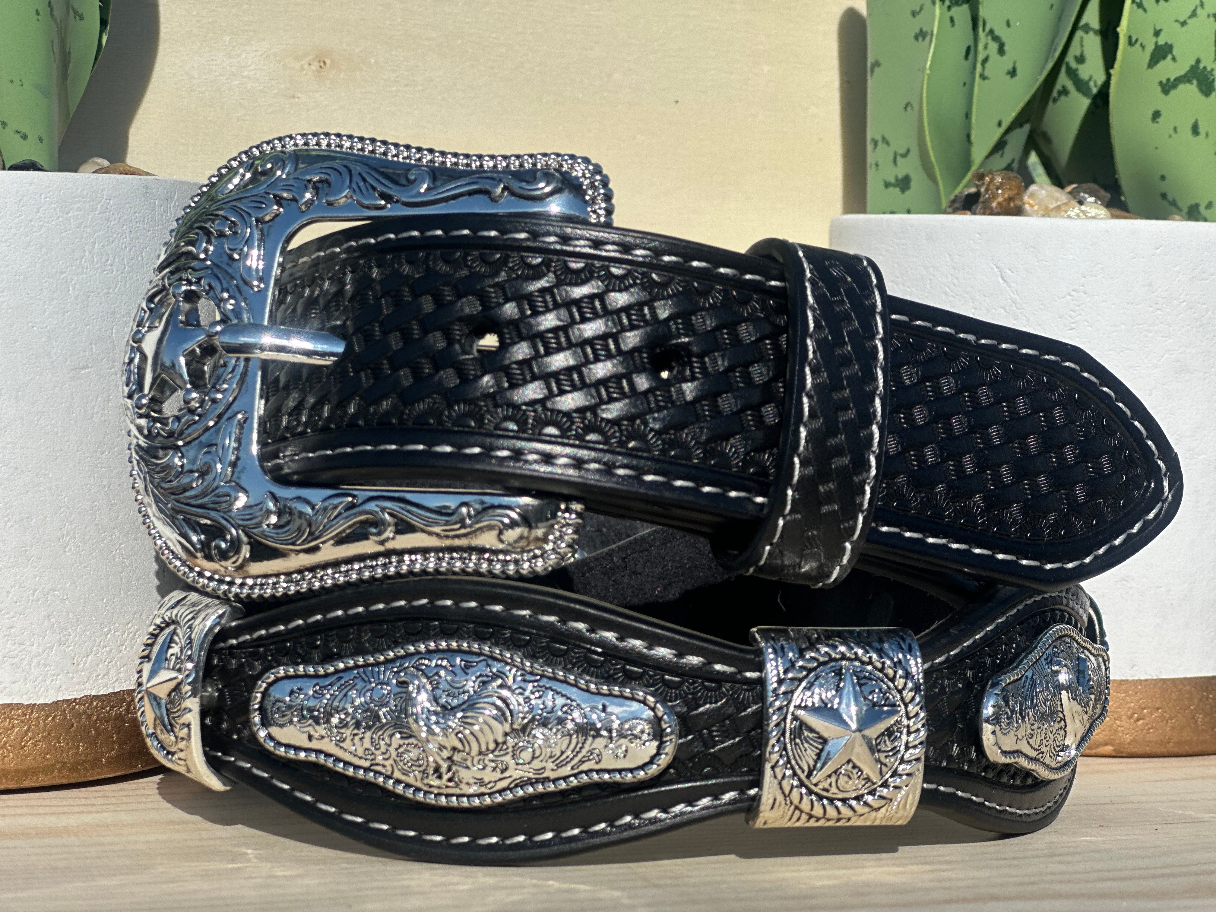 Men’s Black Leather Belt With Rooster Concho