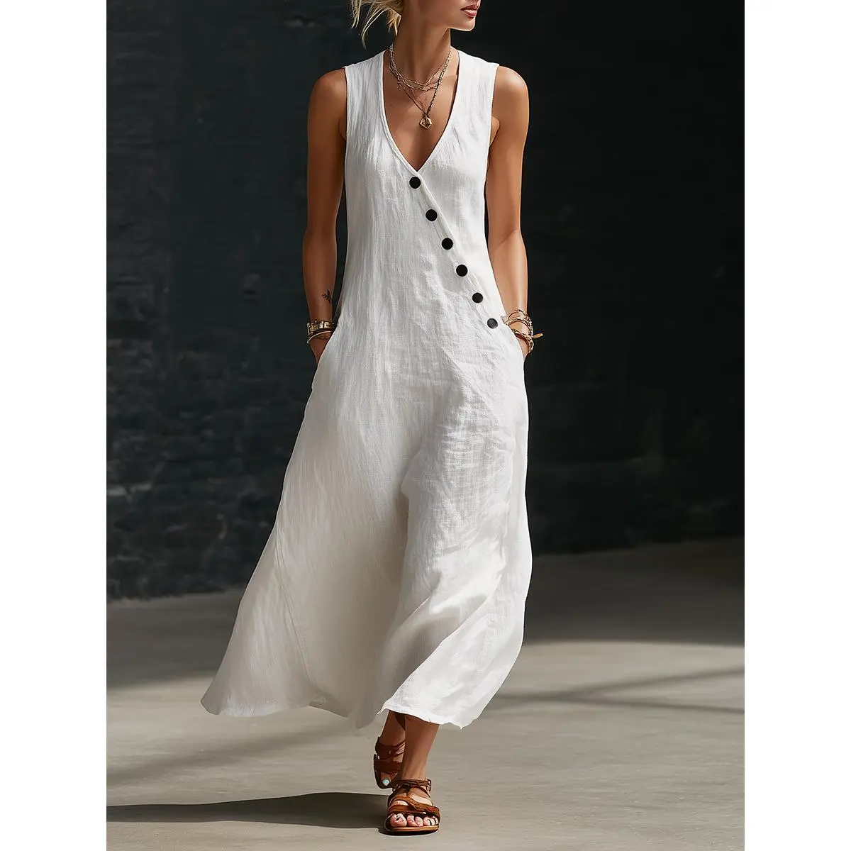 Perfect for Beach, Vacation & Brunch! Sleeveless V-Neck Button Detail Casual Dress with Pockets