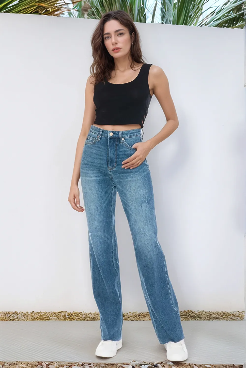 Blue Full Size Tummy Control Cut Raw Hem Straight Jeans