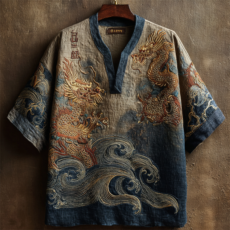 Japanese Dragons Sea Waves Embroidered Ink Art Linen Shirt