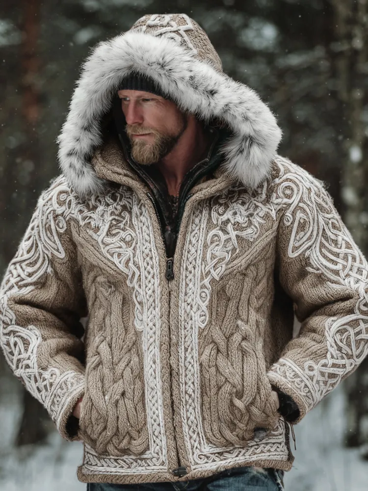 Men's Christmas Santa Celtic Art Warm Hooded Knit Sweater Jacket