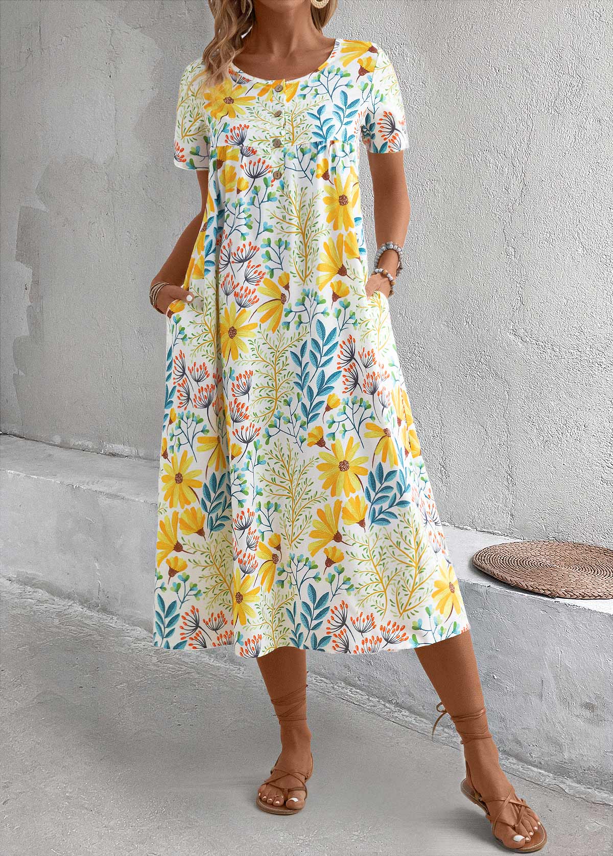 Yellow Pocket Floral Print A Line Short Sleeve Dress