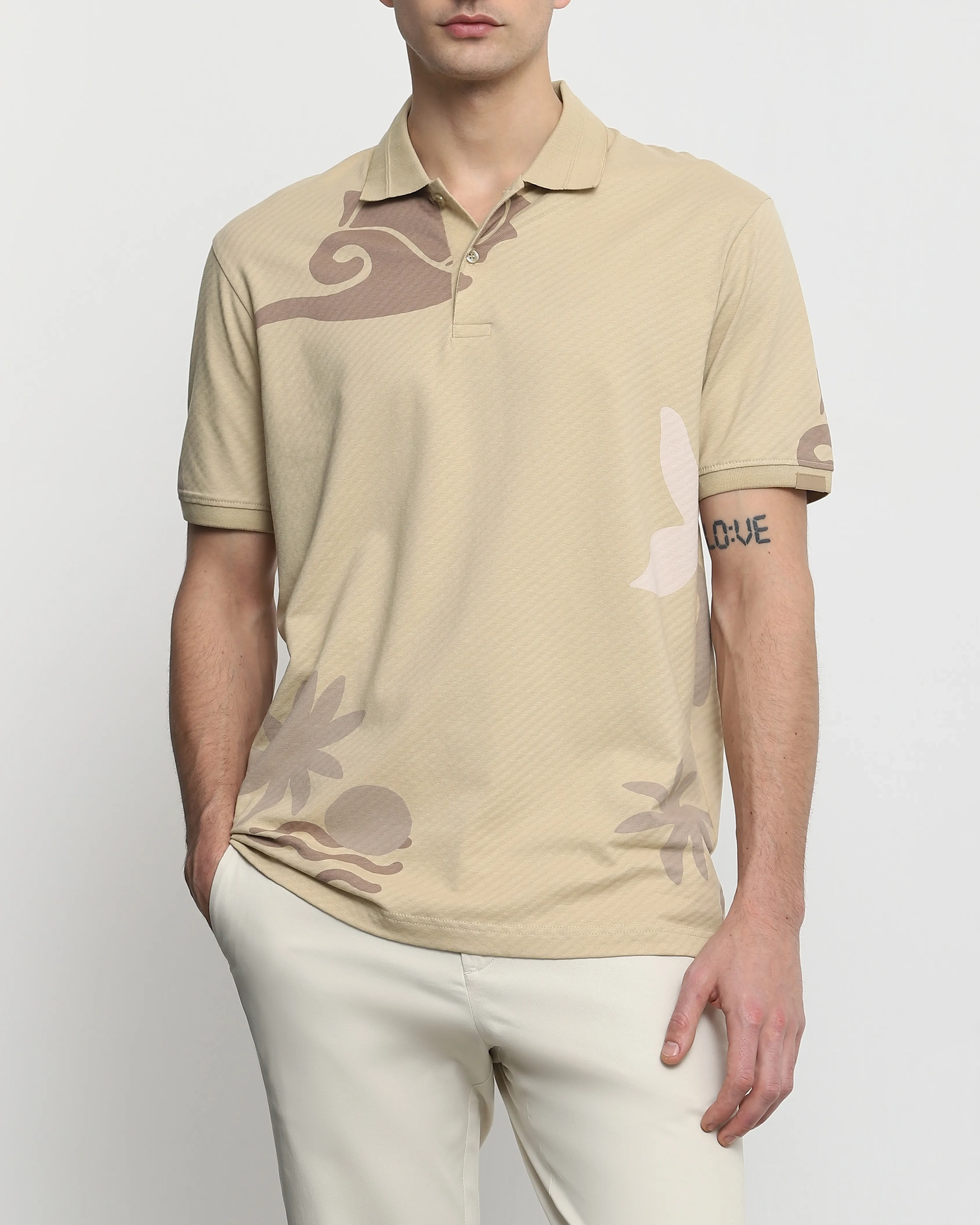 Daily Simple Soft  Beige Brocade Texture Polo Shirt