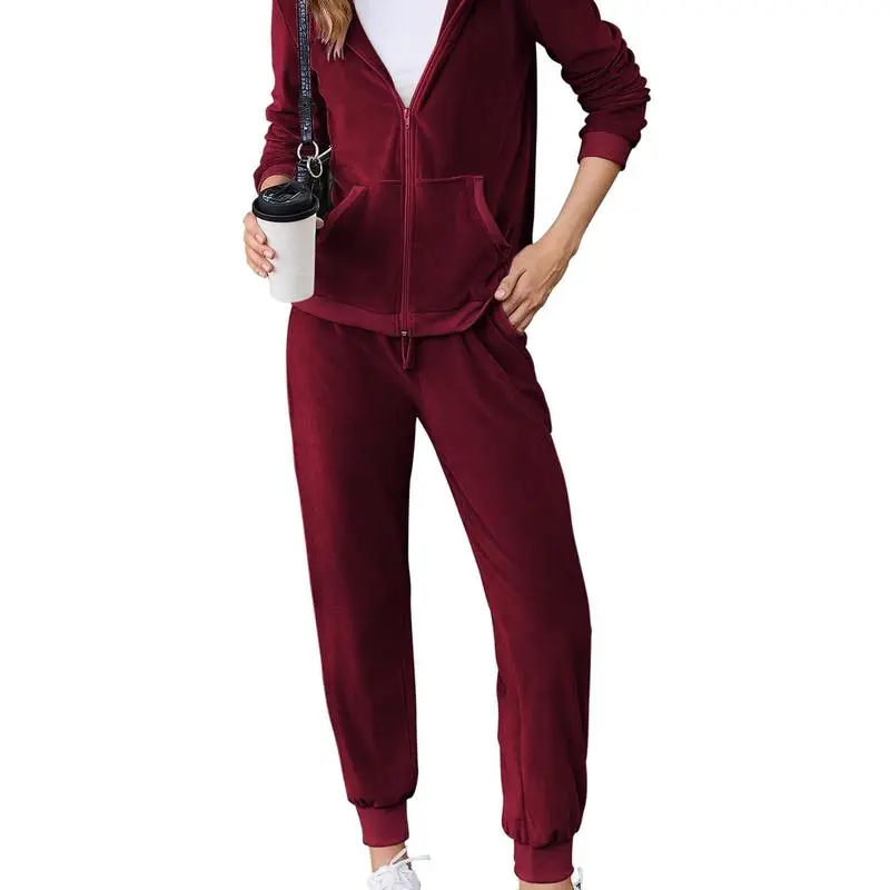 Women's Casual Velour Tracksuit Set Full Zipper Hoodie & Workout Pants Velvet